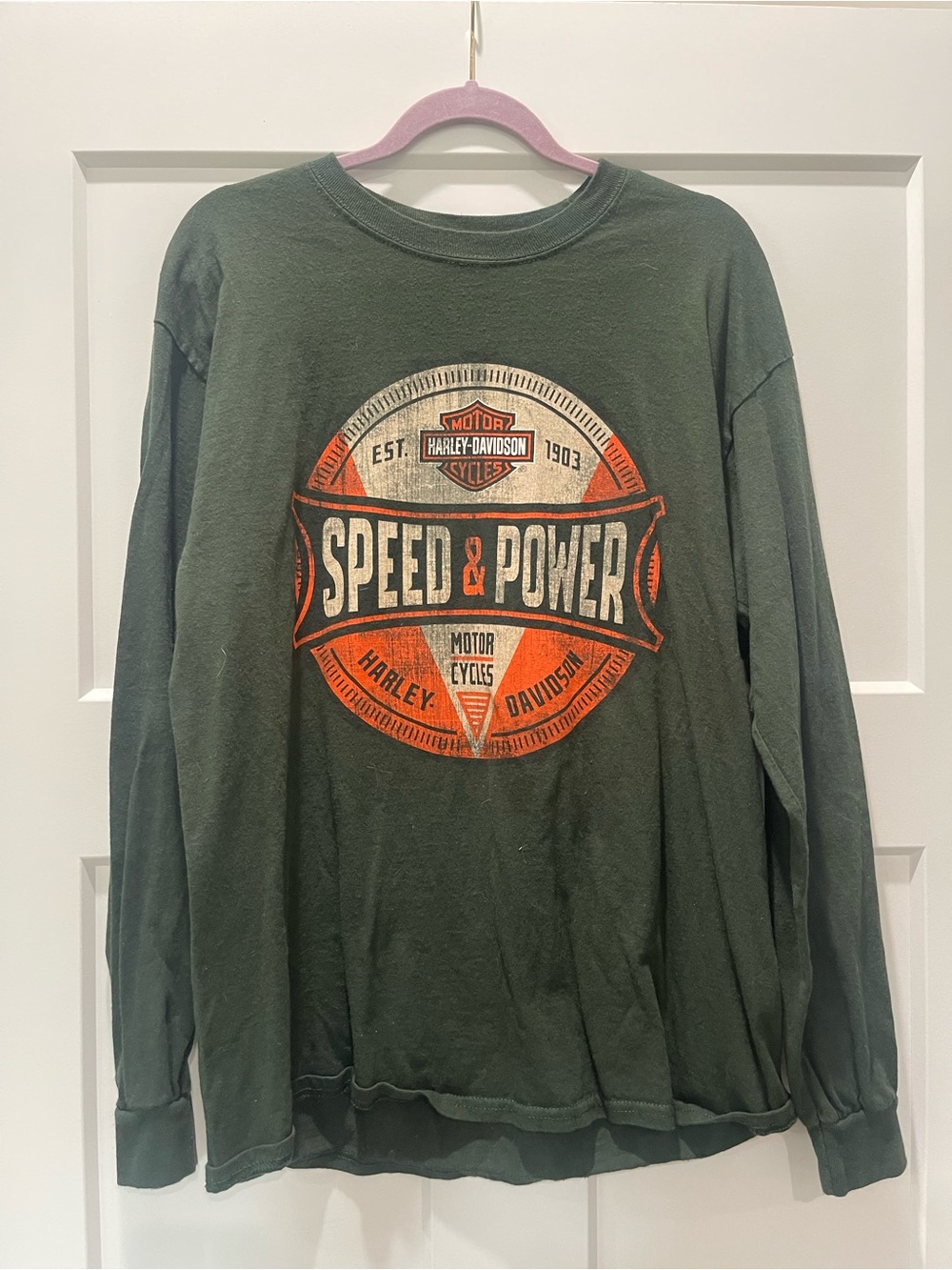 Harley-Davidson Green Long Sleeve Tee with Orange and Cream Logo